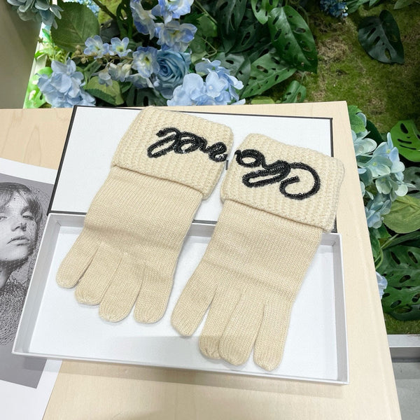 GLOVES IN BEIGE WOOL WITH BLACK LOGO 465775