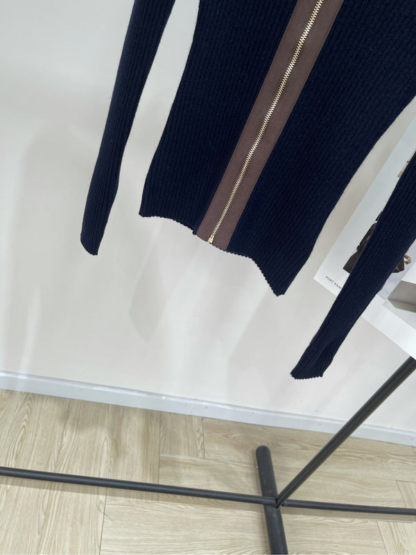 Miu Zipper Cardigan Navy Blue Sheep Wool 349754