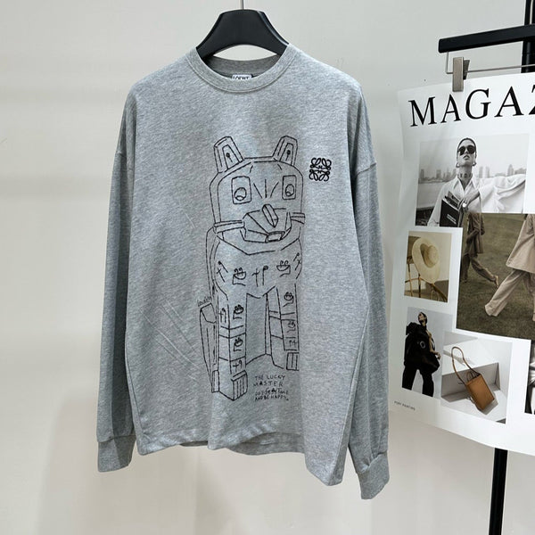Loewe T-shirt à manches longues et col rond en coton gris motif chat 2025 327180