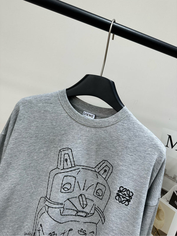 Loewe T-shirt à manches longues et col rond en coton gris motif chat 2025 327180