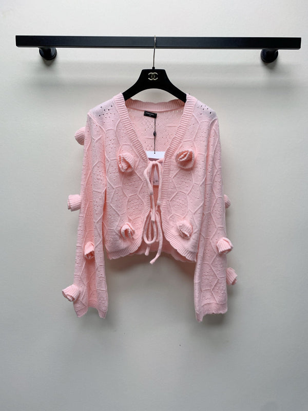 CC 25 Knitted Three-Dimensional Flower Tie Cardigan in Pink 277588