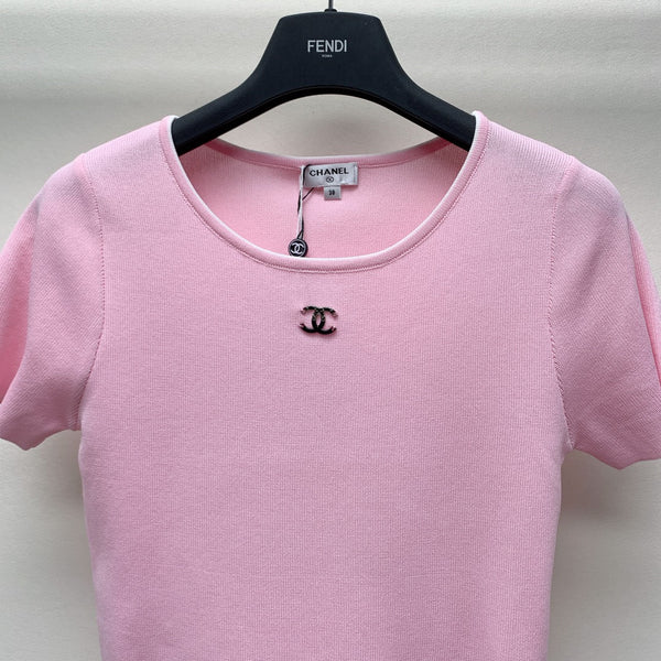 CC 25 Round Neck Knitted Embroidered Logo Top in Pink 277580