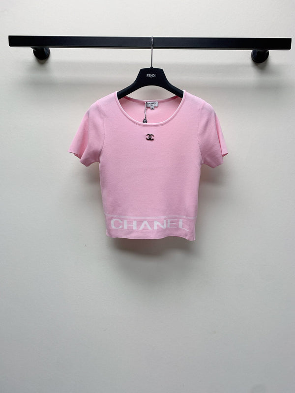 CC 25 Round Neck Knitted Embroidered Logo Top in Pink 277580
