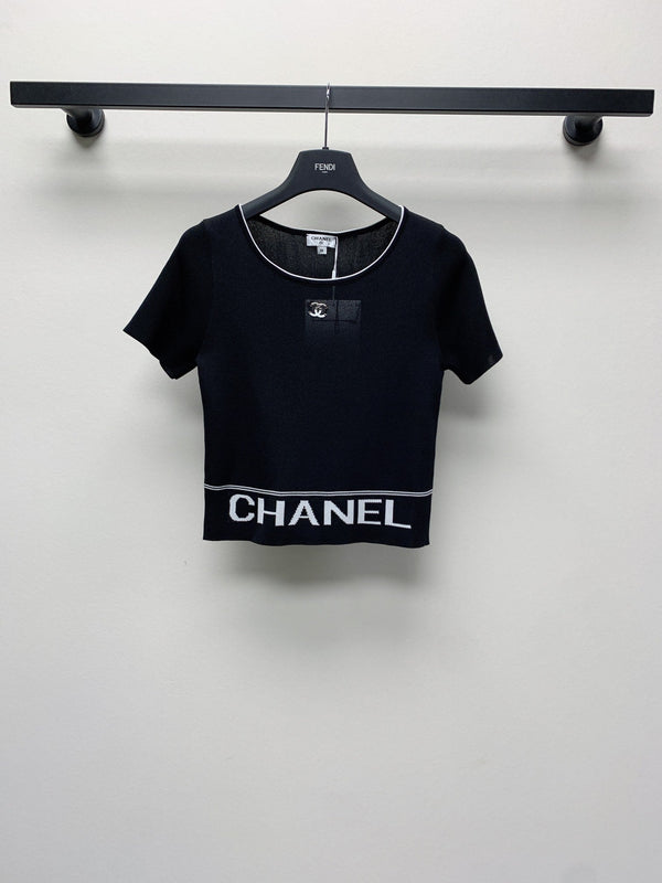 CC 25 Round Neck Knitted Embroidered Logo Top in Black 277581