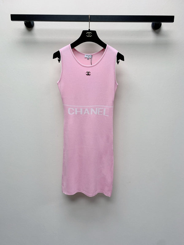 CC 25 Round Neck Knitted Embroidered Logo Vest Dress in Pink 277583