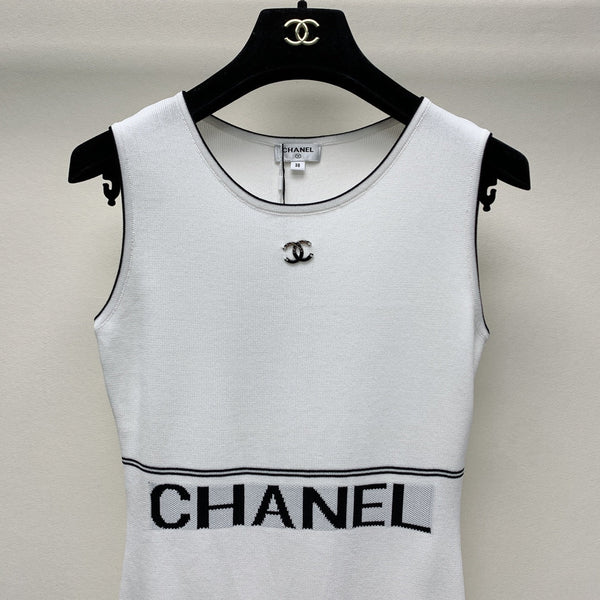 CC 25 Round Neck Knitted Embroidered Logo Vest Dress in White  277584