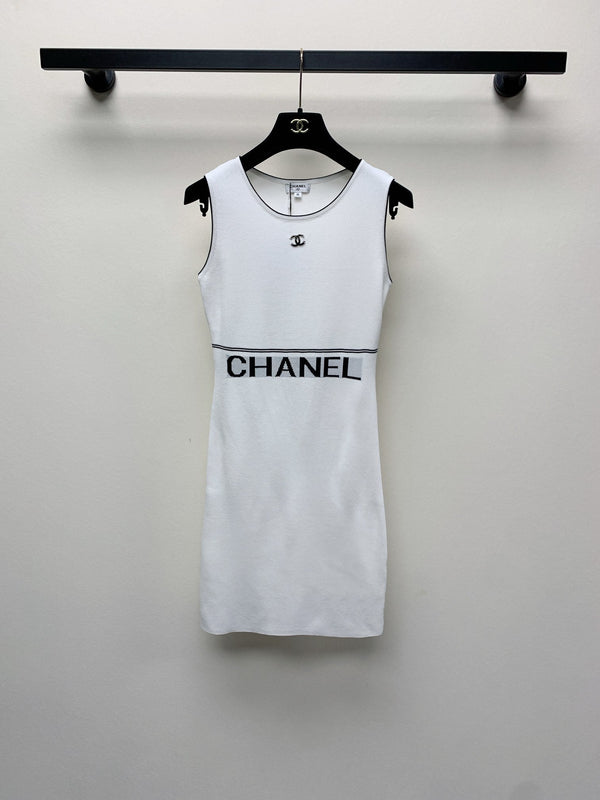 CC 25 Round Neck Knitted Embroidered Logo Vest Dress in White  277584