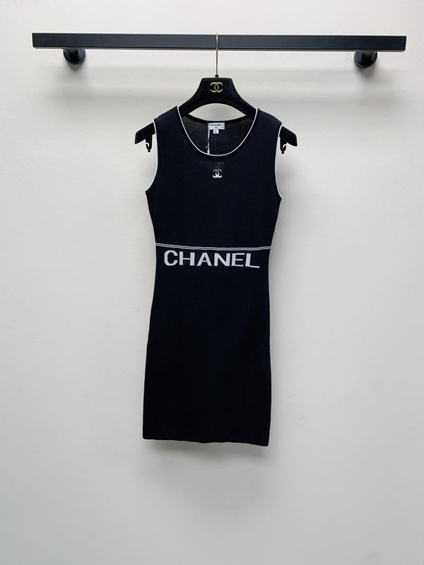 CC 25 Round Neck Knitted Embroidered Logo Vest Dress in Black  277585