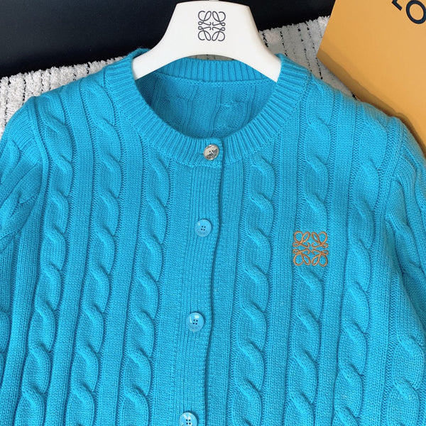 Loewe 2025 Cardigan Boutonné en Laine Bleue Brodé du Logo 289137