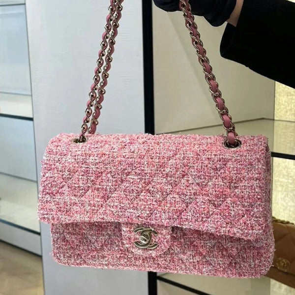 borsa a patta media 25 tweed rosa hardware argento