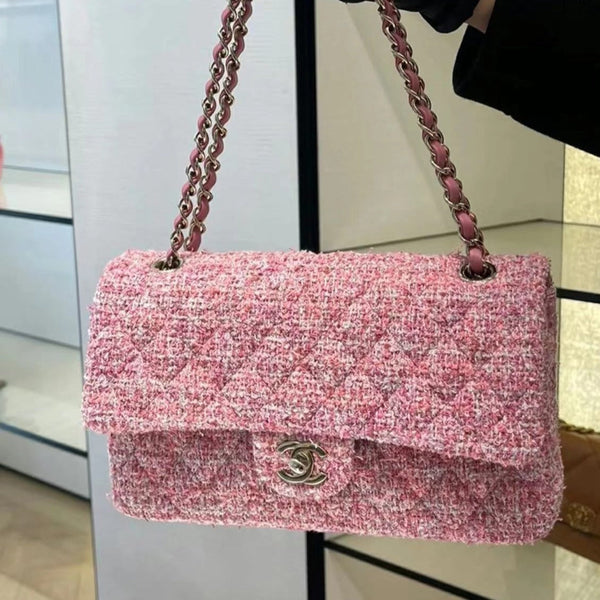 borsa a patta media 25 tweed rosa hardware argento