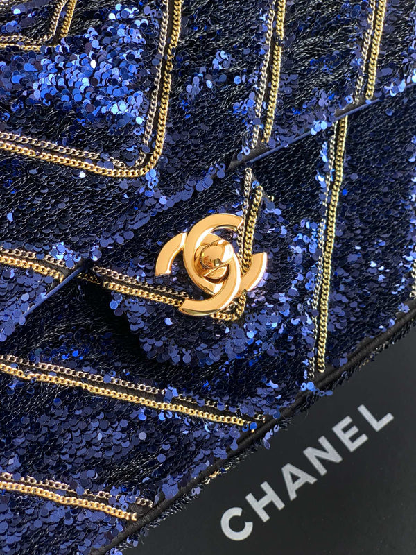 CC 26K Flap Bag 21cm Navy Blue Silk Sequin
