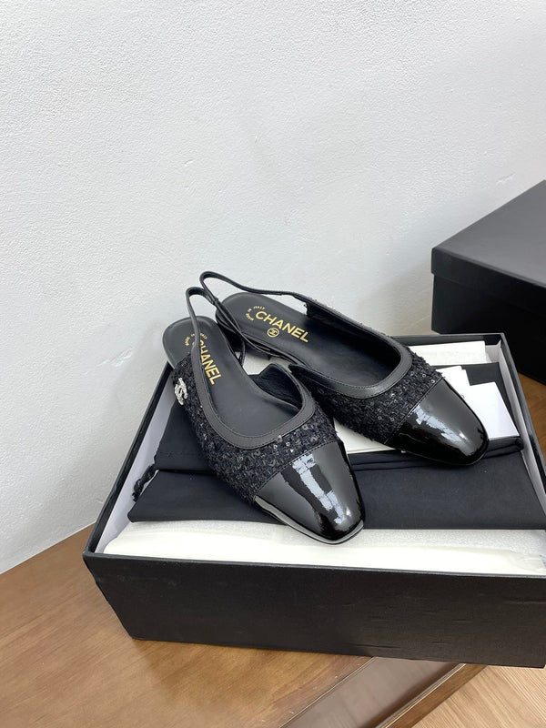 CC Slingback Black Tweed Fabric And Calfskin