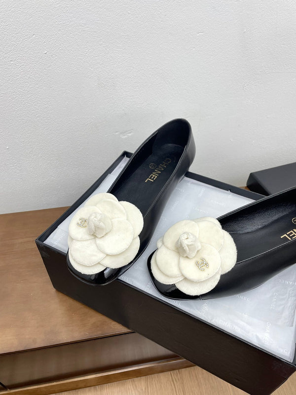 CC Ballet Flats Black With Camellia White Lambskin