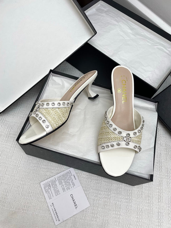 CC 25SS Slippers 5cm Light Yellow Raffia White Patent Calfskin 338301