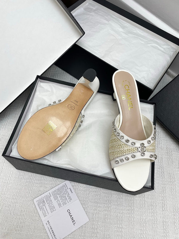 CC 25SS Slippers 5cm Light Yellow Raffia White Patent Calfskin 338301