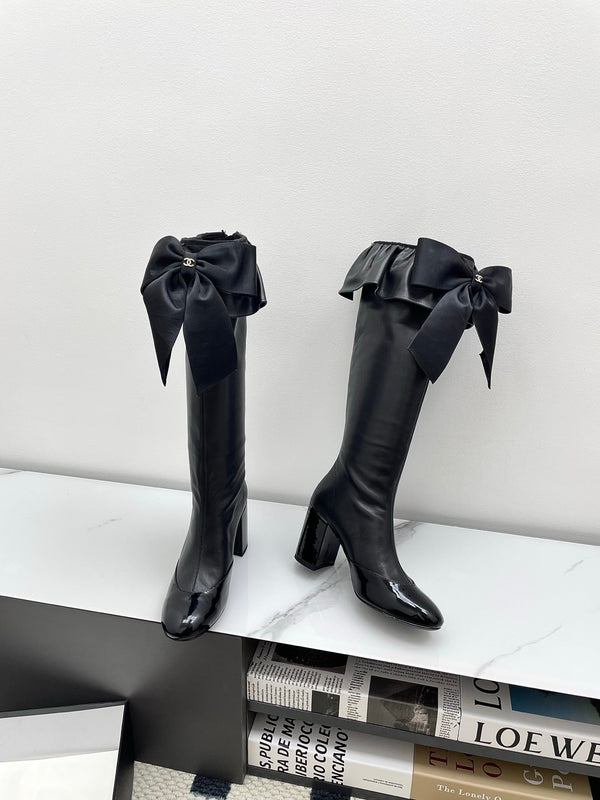CC Big Bow Chunky Long Boots 80mm Black Cowhide 427064