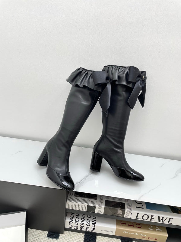 CC Big Bow Chunky Long Boots 80mm Black Cowhide 427064