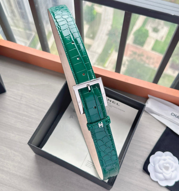 CC Belt 3cm Teal Green Sliver Embossed Crocodile Pattern Leather 202812