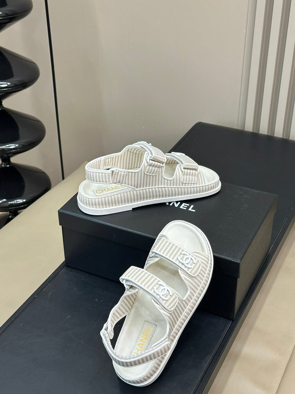 sandalo cc dad a righe marrone tessuto bianco pelle di vitello