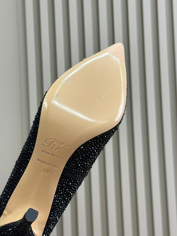 Décolleté con fibbia in strass a forma di fiore 85 in pelle nera con cristalli