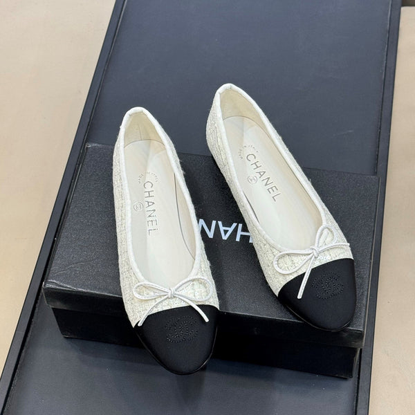 CC 26ss Ballet Flats Black White Tweed Fabric 623152