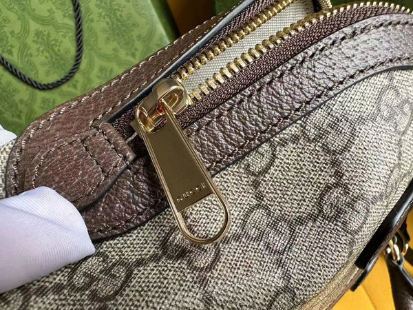 BORSA PICCOLA CON MANICO SUPERIORE OPHIDIA 31 IN TELA BEIGE E PELLE DI VITELLO MARRONE