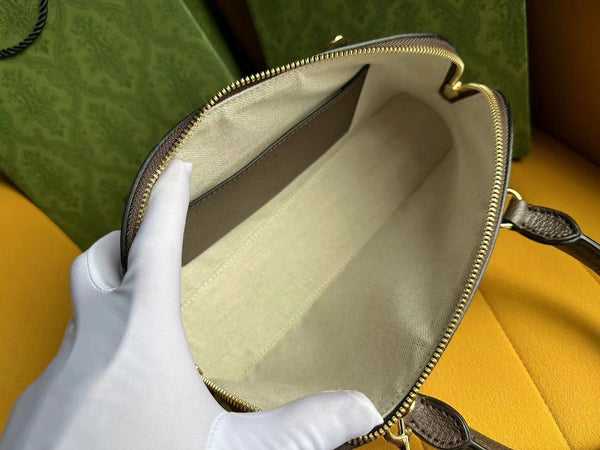 BORSA PICCOLA CON MANICO SUPERIORE OPHIDIA 31 IN TELA BEIGE E PELLE DI VITELLO MARRONE