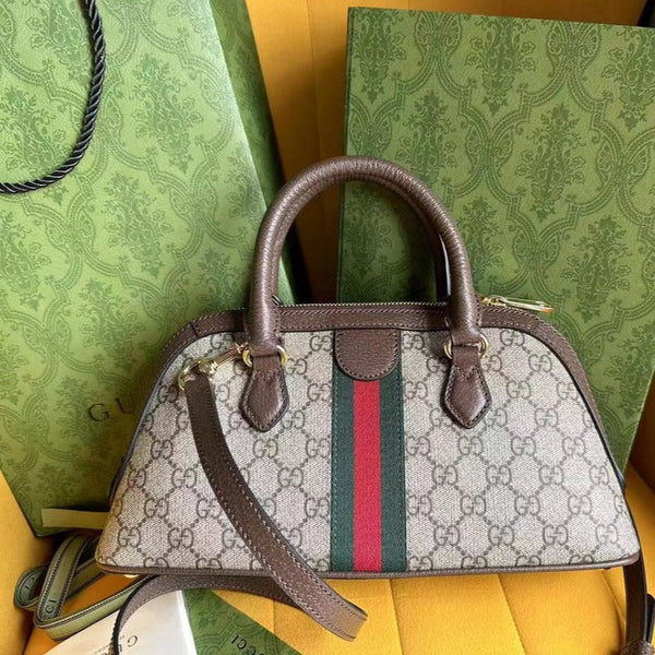 BORSA PICCOLA CON MANICO SUPERIORE OPHIDIA 31 IN TELA BEIGE E PELLE DI VITELLO MARRONE