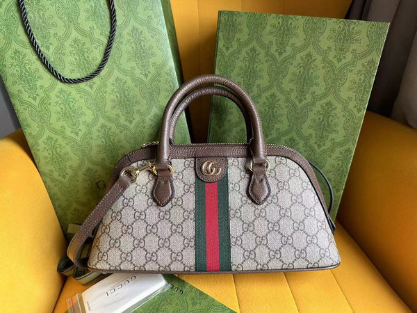 BORSA PICCOLA CON MANICO SUPERIORE OPHIDIA 31 IN TELA BEIGE E PELLE DI VITELLO MARRONE