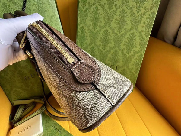 BORSA PICCOLA CON MANICO SUPERIORE OPHIDIA 31 IN TELA BEIGE E PELLE DI VITELLO MARRONE