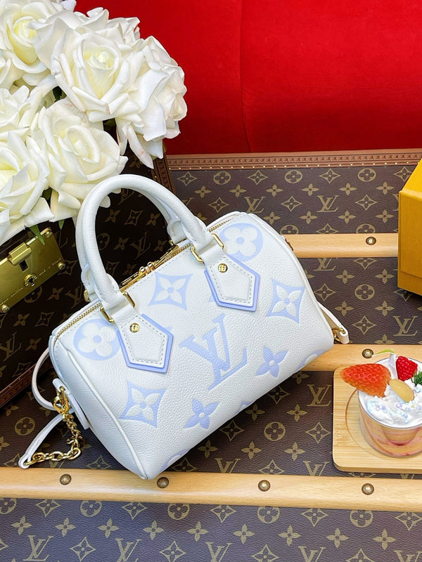 LV Speedy Bandoulière 20 Bianco Blu Monogram Empreinte Pelle