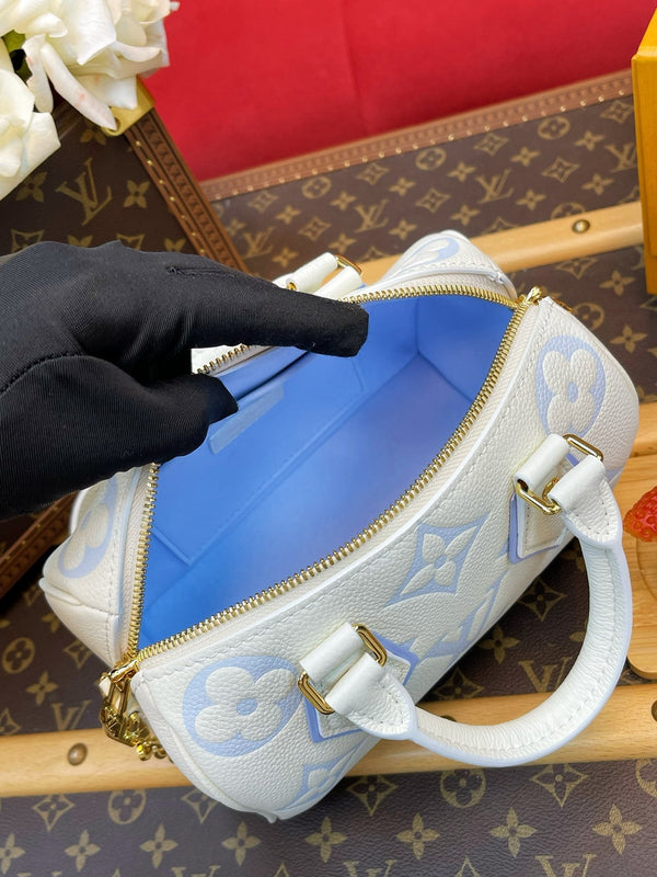 LV Speedy Bandoulière 20 Bianco Blu Monogram Empreinte Pelle