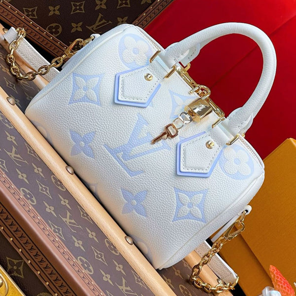 LV Speedy Bandoulière 20 Bianco Blu Monogram Empreinte Pelle