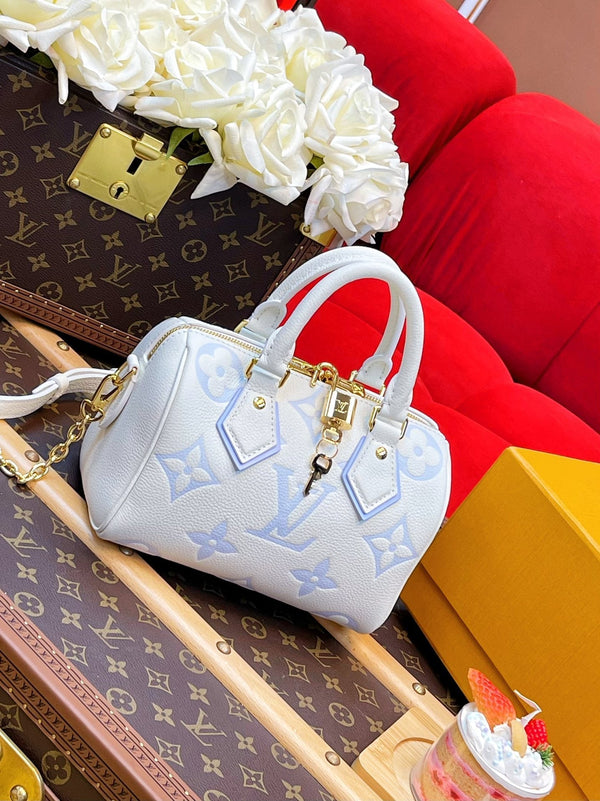 LV Speedy Bandoulière 20 Bianco Blu Monogram Empreinte Pelle
