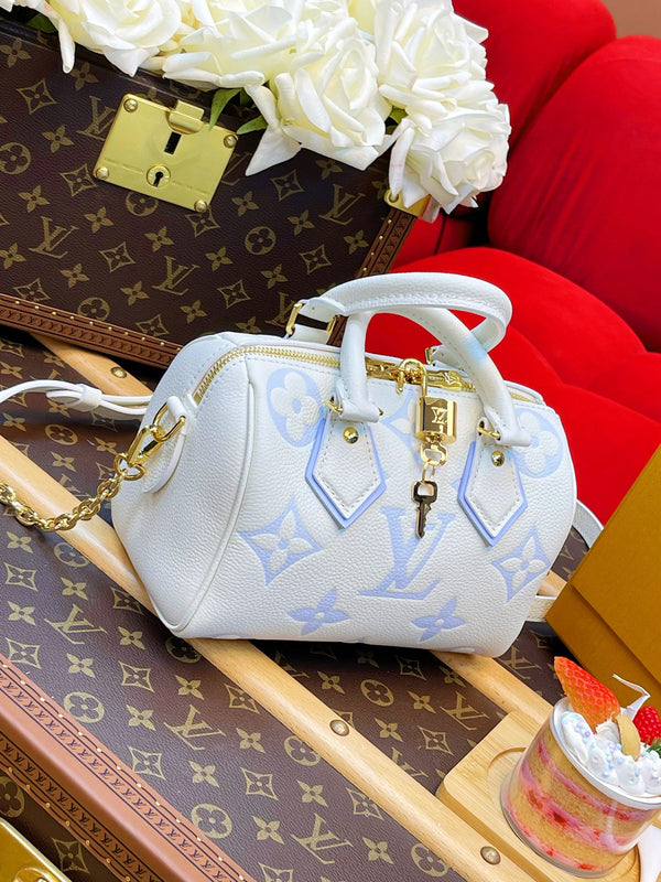 LV Speedy Bandoulière 20 Bianco Blu Monogram Empreinte Pelle