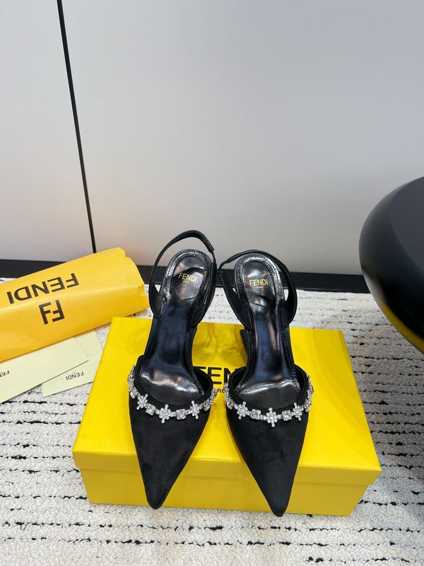 FENDI CRYSTAL HIGH-HEELED SLINGBACK 7 CM IN BLACK  SUEDE