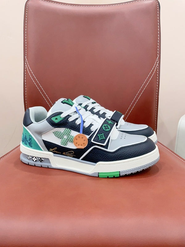 LV Trainer Sneaker Velcro Strap Green Black Cowhide