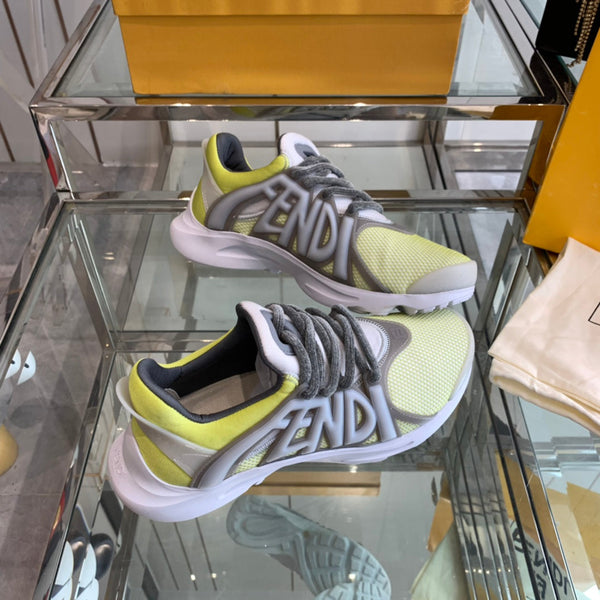FENDI TAG SNEAKER IN NEON YELLOW MIX GREY MESH AND RUBBER