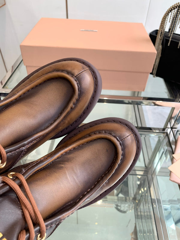 Miu Ankle Boots Earth Brown Open-Hemmed Cowhide