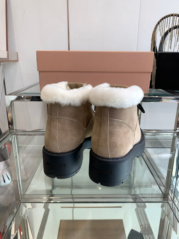 Miu Ankle Boots Khaki Brown Open-Hemmed Cowhide