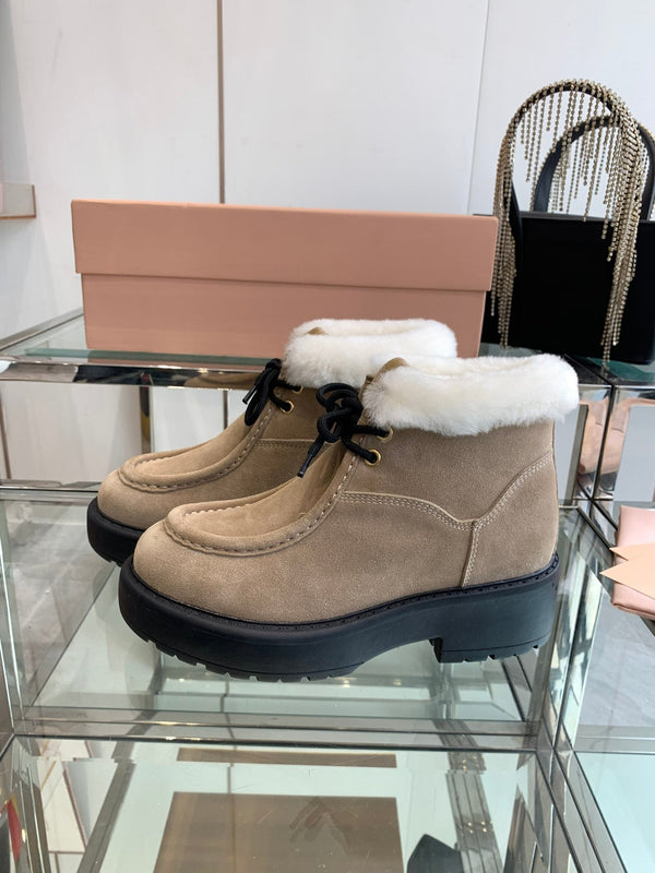 Miu Ankle Boots Khaki Brown Open-Hemmed Cowhide