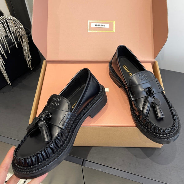 Miu Tassel Loafers Black Polished Leather 490950