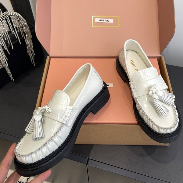 Miu Tassel Loafers White Polished Leather 490951