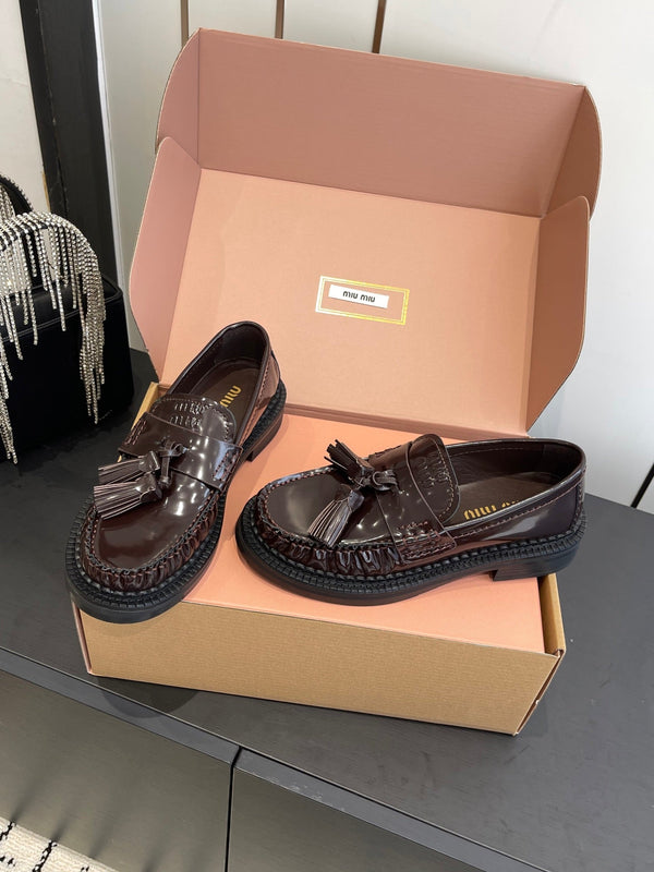 Miu Tassel Loafers Dark Brownish Polished Leather 490952