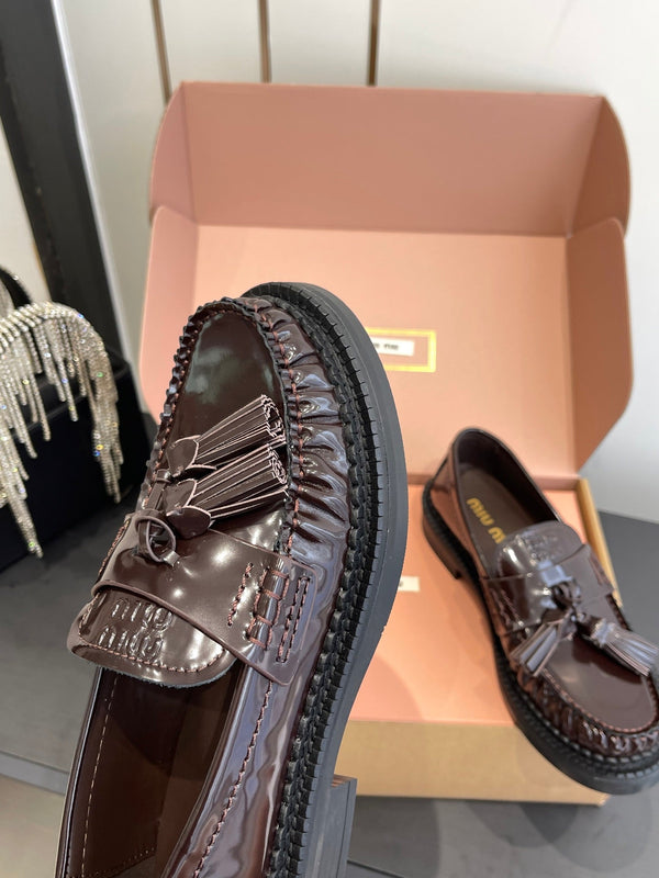 Miu Tassel Loafers Dark Brownish Polished Leather 490952
