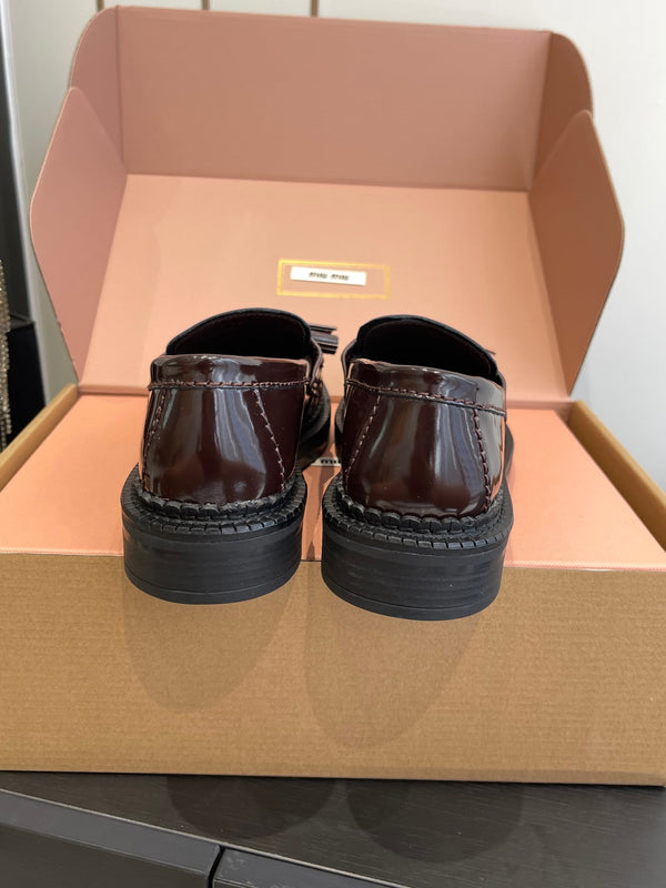 Miu Tassel Loafers Dark Brownish Polished Leather 490952