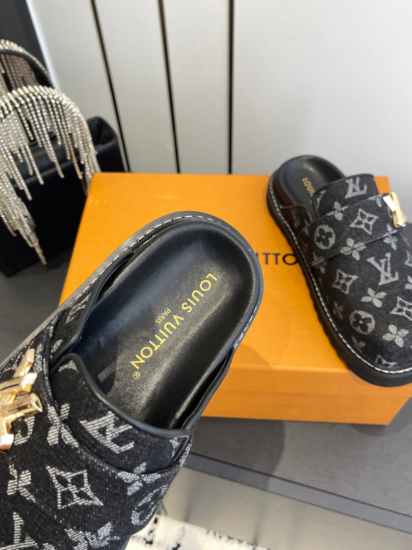 LV Cosy Comfort Mule Sandals Black Gold Denim Monogrammed 533457