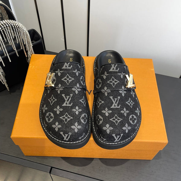 LV Cosy Comfort Mule Sandals Black Gold Denim Monogrammed 533457