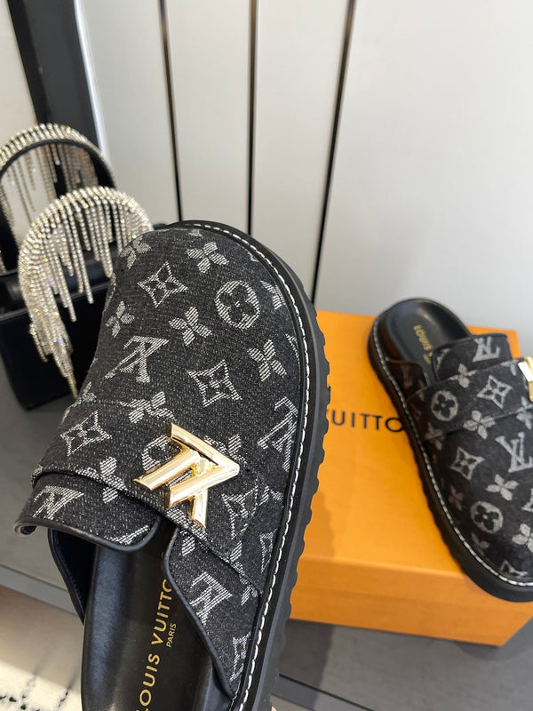 LV Cosy Comfort Mule Sandals Black Gold Denim Monogrammed 533457